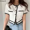 Femmes Veste Chic Arrivée Office Lady Coréen Vêtements O-Cou Simple Boutonnage Manteau Contraste Couleur Mince Tops Courts 92992 210519