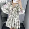 Zevity Women Elegancka V Neck Lampion Rękaw Print Casual Luźna Linia Mini Sukienka Panie Vestidos Chic Wakacje Dresses DS4208 210603