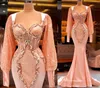 2021 Plus Size Arabisch Aso Ebi Luxuriöse Meerjungfrau Sexy Ballkleider Spitze Perlen Lange Ärmel Abend Formale Party Zweite Empfangskleider Kleid ZJ934