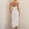 Robe en maille blanche pour femmes gratuites, sexy, col en V, sans manches, moulante, drapée, midi, célébrité, club, soirée, 210524