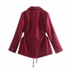 Za Cut Out Long Blazer Women Vintage Shoulders Pads Ruched Red Office Lady Blazers Coat Woman Self Tie Summer Outerwear Top 210602