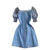 FABPOP Summer Short Puff Sleeve Square Collar Buttons High Waist Blue Denim Dress Women Streetwear GB413 210709