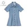 Summer Denim Crop Dress Women Short Sleeve Single Breasted Rok Frocks High Waist Slim Elegant Party Club Jean Dresses 210515