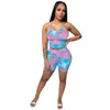 2020 Women Two Pieces Sets Summer Tracksuits Strap Tie-dye Print Tops+Jogger Shorts Suit Club Leggings Sexy Fitness Outfit GL122 X0428