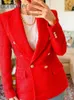 Aoniberier elegante elegante vermelho duplo breasted jaqueta jaqueta mulheres bolsos recusar casacos de gola outerwear chique feminino 210930
