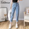 Tataria Vintage Boyfriend Jeans pour femmes taille haute ample décontracté Harem bleu clair jambe large bureau dame 210514