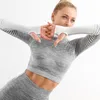 Yoga Outfit с длинным рукавом женские спортивные футболки T-рубашки для женщин бегущий тренировочный носитель женские спортивные бесшовные урожай вершины фитнес женский