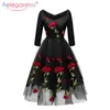 AELEGANTMIS Moda Vintage Floral Bordado Party Vestido Mulheres Sexy Elegante Swing Senhoras Manga Longa V-Neck Maxi 210607