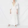 White Hollow Out Dresses For Women V Neck High Waist Lace Minimalist Elegant Dress Female Summer 210520