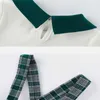 Spring Girls 2-pcs Sets Long Sleeves Bow Peter Pan Collar Top + Green Plaid Dress Cute Style Kids Clothes E9156 210610