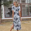 Split Gabel Vintage Tie Dye Print O Hals Kurzarm Kleid Frauen Casual Gerade Streetwear Elegante Schlanke Temperament Kleider 210608