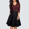 Vintage New Floral Dresses Women Autumn Stylish Lace Patchwork Black Party Casual Work Office Swing Skater Dress Y1006