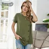 Round Neck Button Front Casual Women Tshirt and Tops Summer Home Style Ladies Short Sleeved Knit Solid T-Shirt 210510