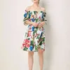 Summer Runway Puff Sleeve Rose Floral Print Cotton Dress Women Off Shoulder Petel Buttons Pocket Elastic Waist Beach Boho Dress 210514