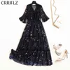 CRRIFLZ Long Print Chiffon Dress Women Lace Butterfly Sleeve V Neck Female Half Summer Office Lady 210520