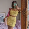 Pamuk İki Adet Kadın Elbise Takım Elbise Kayışı Dantelli Kırpma Üst Bodycon Mini Etek Sarı 2 Set Kıyafetler 210427 için