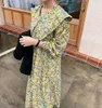 Wiosna i jesień damska Vintage Szyfonowa Maxi Dress Loose Kawaii Lapel Lapel Długim Rękawem Drukowane Femme Robe 210514