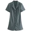 Summer Grey Blazer Dress Fashion Short Sleeve Notched Collar Cut Out Back Button Front Women Casual Bodycon Mini 210604