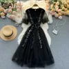 DEAT summer Arrivals Solid Color Mesh Flare Sleeve Square Collar High Waist Embroidery Long A-line Velvet Dress MZ734 210709