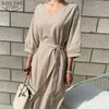 Été rayé coton lin longue robe femmes mode grande taille Vestidos Vintage col en v demi manches lâche pour 210510