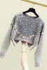 Vårkoreanska stiltröja Kvinna Höstens sequined Batwing-Sleeve Loose-Fit Round-Neck Pullover Sweter 210428