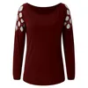 Kvinnor Blusar Höst Kvinna Svart Basic Shinny Fashion Casual Crew Neck Studded Hollow Out Långärmad T-shirt Tops