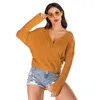 Women Short Sweater Autumn Knit Tops Wine Red Yellow Casual Loose Pullovers Sweaters Cross Deep V-Neck Sexy Wrap Winter Simple 210507