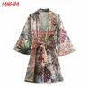 Tangada Donna Foglie Stampa Kimono sottile Cappotti Maniche lunghe larghe con Slash Cappotto estivo da donna 5Z146 210609