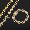 12mm Cuba Chain Cadeia Nariz Nariz Homens Gelado para fora Colar Cubano Colar Colar Hip Hop Chains Jóias Rocha para Homens Cadeia Jóias Set X0509