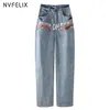 Hoge taille Jean's broek moeder bedrukte losse wijde been rechte traf mode denim streetwear broek voor vrouwelijke 210809