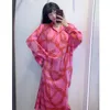 Vuwwyv moda rosa oversized impressão midi vestido mulheres verão elegante casual blusa mulher manga longa colarinho vestidos 210430