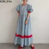 Korejpaa Women Dress Korean Chic Playful Square Collar Hit Color High Waist Loose Swing Bubble Sleeve Doll Dress Female 210526