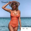 Sexy Solid Orange Shirring V-neck One-Piece Swimsuit Women Monokini Beach Bathing Suit Swimwear