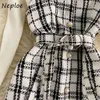 Spring 2 Pcs Women Set Chic Button Plaid Pattern Drawstring Slim Waist Camis Dress Knitted Sweater French Style Suit 210422