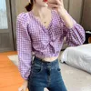 Topy Sexy V-Neck Z Długim Rękawem Koszulki Bluzka Casual Chic Styl Elastyczna Kobieta Blusa Wiosna Lato Purpurowe Kobiety Kratę Bluzki 210507