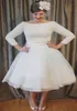 2022 Plus Size Short Wedding Dresses Vintage Style Scoop Neckline A-Line 3/4 Long Sleeve Tea Length Lace Bridal Gowns Vestidos De Noiva W600