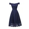 Automne nouvelle mode européenne et américaine élégante dentelle creuse à manches longues col en v robe bleu haute qualité robe 210325