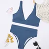 Sexy solide côtelé bikinis mujer taille haute maillot de bain femmes col en V maillots de bain femme Sport maillot de bain Stripe biquini 210722
