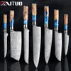 Xituo keukenmessen-set Damascus staal VG10 chef-kok mes cleaver paring brood mes blauwe hars en kleur hout handvat koken tool