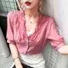Zomer Koreaanse stijl wilde elegante v-hals chiffon shirt mode slanke korte mouw blouse witte tops vrouwen 9810 210508