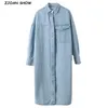 Automne bleu Denim longue chemise Vintage Femme manches simple boutonnage Blouse unique poche Maxi Femme Blusas hauts 210429