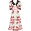Runway Designer Vintage Peter Pan Kragen Kurzarm Kleid Sommer Urlaub Rote Blume Süße Robe Longue Femme Vestidos 210421