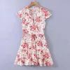 Women Summer Sweet Print Mini Dress Short Sleeve V-Neck Sashes Bow Tie Female Elegant Vintage Floral Dresses Vestidos 210513