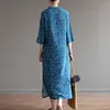 Johnature Women Vintage Print Blommor Höst Klänningar Höst Stativ Sju Ärm Bomull Linen Kvinna A-Line Knapp Klänningar 210521