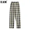 [EAM] Plaid Slit Pockets Casual High Elastic Waist Trousers Loose Fit Full Pants Women Fashion Spring Summer 1DD8381 210512