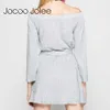 Jocoo Jolee Casual Long Knitted Dress With Sashes Women Solid Design Off Shoulder Dress Autumn&Winter Arrival Knee-Length Dress 210619