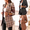 Vintage Plaid Suit Kvinnors Jacka Höst Vinter Dubbelbröst Knapp Militär Stil Blazer Elegant Office Lady Clothing Femme X0721