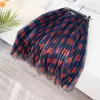 Skirts Qooth Cute Plaid Tulle Skirt Women Fashion 2021 Spring Summer Korean School Checked High Waist Pleated Maxi Female Lady