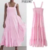 Pink Slip Midi Woman Summer Dress Ruffle Sleeveless Sexy Beach Long Dresses Women Casual Backless Sundresses 210519