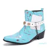 Western Cowboystiefel Herren Rock Blau Leder Knöchel Herrenstiefel mit Ketten und Nieten Motorrad/Party Hombre,38-46